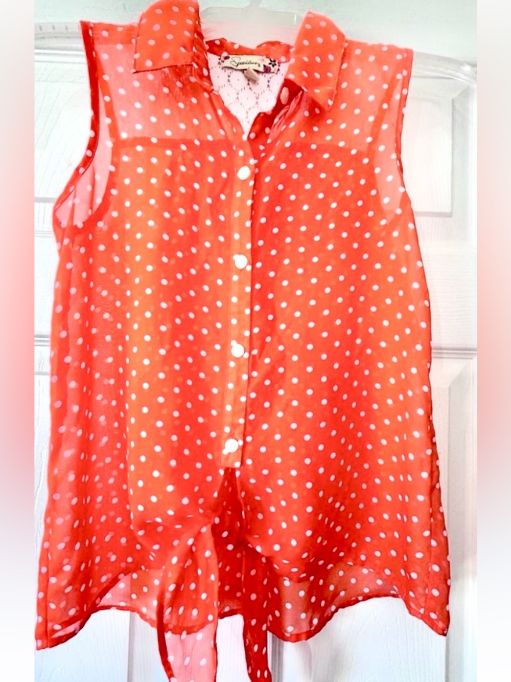 Sheer Chiffon Polka Dot Blouse Top orange white lace size L - Picture 3 of 6